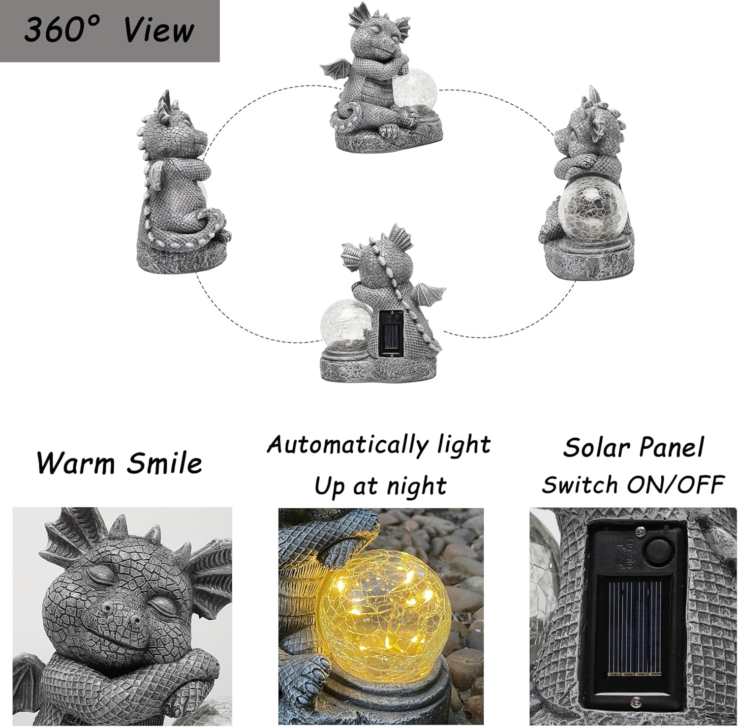 Garden Dragon Figurine Solar Powered Outdoor Cute Dragon with Hold Glowing Glass Ball Resin Sculpture for Porch Patio Lawn Farm Yard Home Decoration Gift for Women Housewarming-VerdiqueGarden