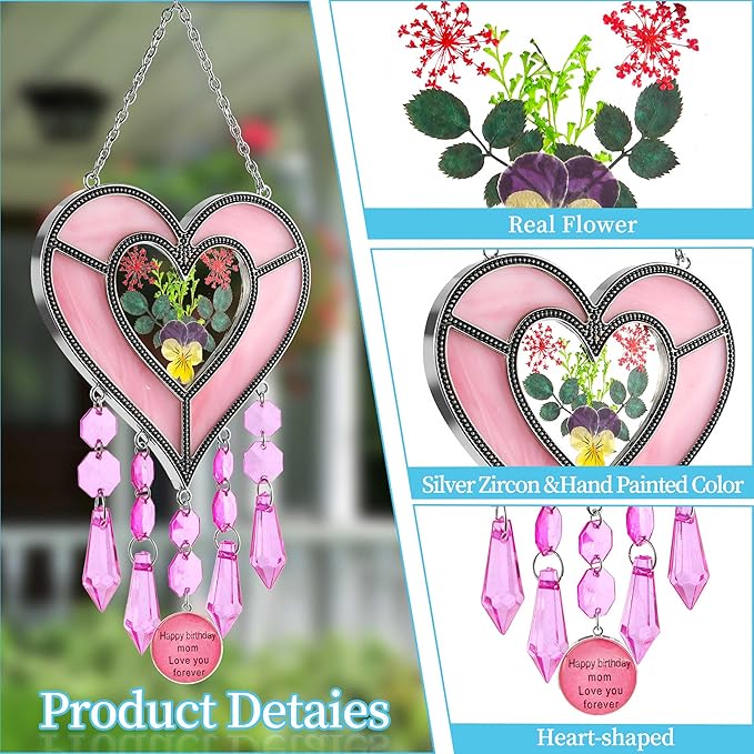 Mom's Birthday Gift Cool Pink Glass Heart Sun Catcher-VerdiqueGarden
