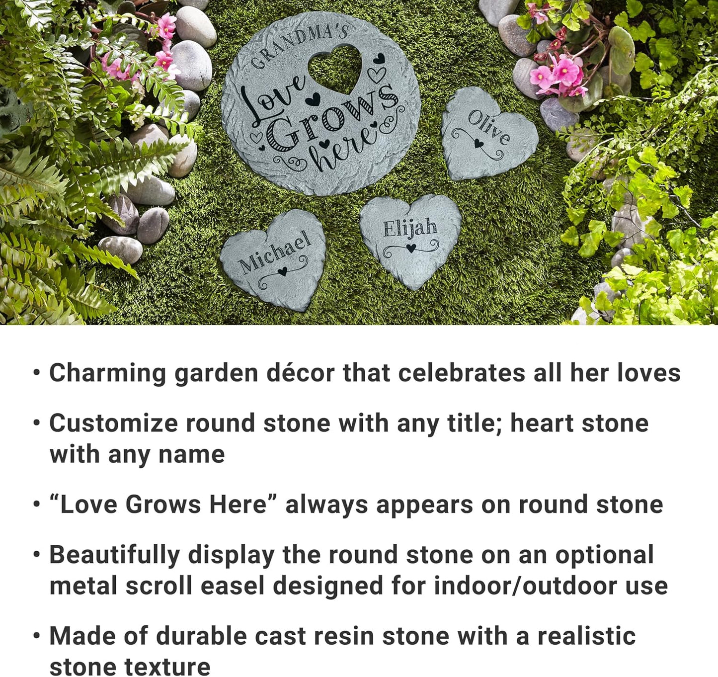 Let's Make Memories Personalized Garden Stone - Resin - Custom Garden Décor - Love Grows Here Round Stone with Heart Cutout - for Dad - for Father's Day-VerdiqueGarden