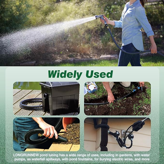 1" Dia. Corrugated Pond Tubing 1-Inch ID, 20.6 FT Length, Black PVC Kinkproof Strong Flex Tubing with Pipe Fittings, Aquarium, Pond Waterfall, Garden Pond Pump Drainage Tube-VerdiqueGarden