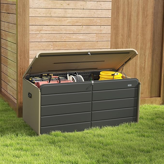 Domi 200 Gallon Resin Deck Box, Waterproof & UV-Resistant Outdoor Large Storage Box Lockable Storage Bin for Patio Cushions Pool Supplies Garden Tools and Delivery Storage-VerdiqueGarden