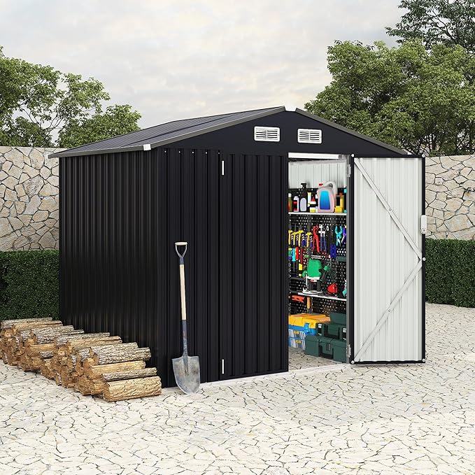 6x8 FT Metal Storage Sheds Outdoor, Metal Yard Sheds MetalGarden Shed Kit, MetalTool Shed with Lockable Door, Utility Buildings with Air Vent for Backyard Garden Patio Lawn-VerdiqueGarden