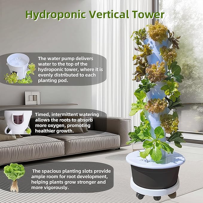 Hydroponic System Kit, Hydroponic Vertical Garden, Lettuce & Herb Starter Kit, with 36 Plant Holes, 9-Tier Indoor Outdoor Growing Tower with Climbing Trellis and Timer-VerdiqueGarden