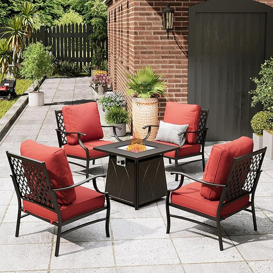 Patio Furniture Set with Fire Pit Table, 5 Pcs Metal Outdoor Conversation Set, 4 Single Chairs with 5.75" Extra Thick Cushion and 28" Fire Pit Table for Backyard Deck, Red-VerdiqueGarden
