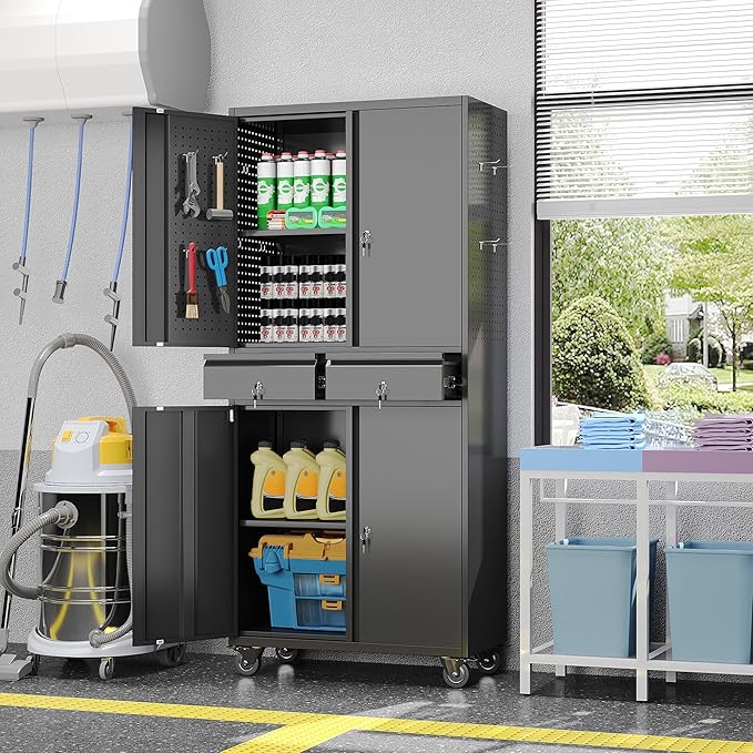 Metal Garage Storage Cabinet with Locking Doors and 2 Adjustable Shelves, Rolling Tool Storage Cabinet with 4 Wheels and 2 Drawer for Garage, Warehouse, Black, Assembly Required-VerdiqueGarden