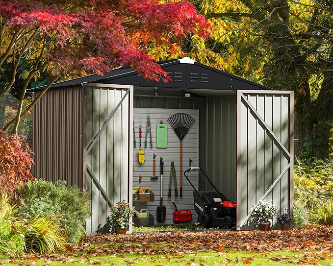 Greesum Outdoor Storage Shed 6 x 8 ft. Utility Tool Shed Metal Storage Garden Shed with Door & Lock for Patio Storage, Brown-VerdiqueGarden
