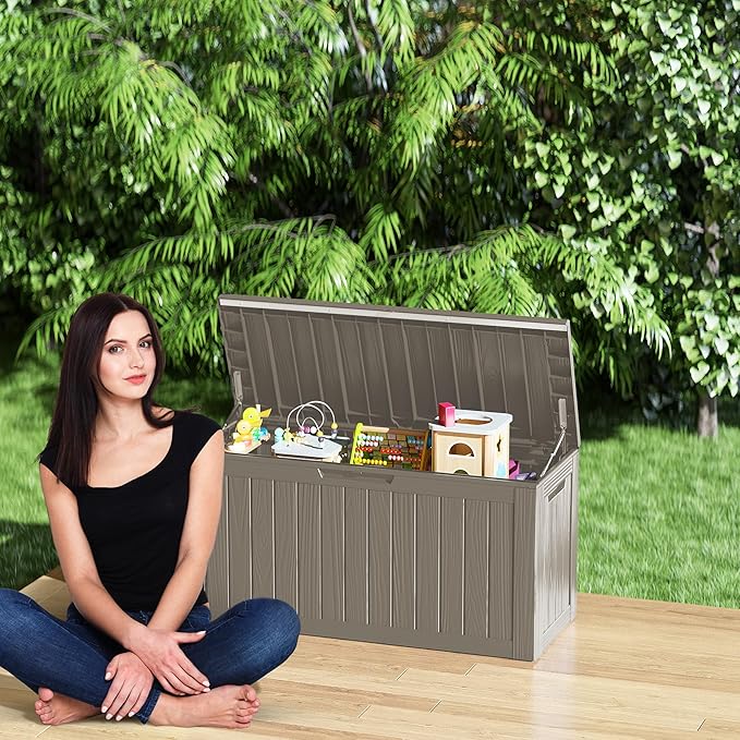 80 Gallon Outdoor Storage Box Waterproof Lockable Resin Deck Box Large, Patio Storage Bin for Pool Accessories Cushion Furniture, Garden Tools, UV-Resistant Outside Delivery Grey-VerdiqueGarden