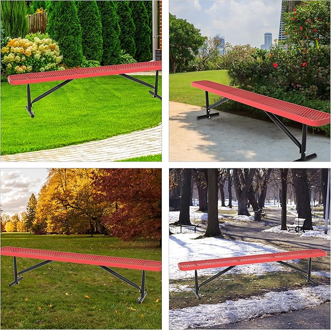 48" L Outdoor Steel Flat Bench, Heavy Duty Metal Park Bench for Outside, Expanded Metal, Commercial Benches Mesh Bench for Shopping Mall, Store, Lawn, Park, Patio, Deck, Garden (Red, 8FT)-VerdiqueGarden