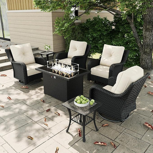 7 Pieces Outdoor Patio Furniture Sets with Rocking Swivel Chairs with 6-inch Thick Cushion and Fire Pit Table for Deck Lawn-VerdiqueGarden