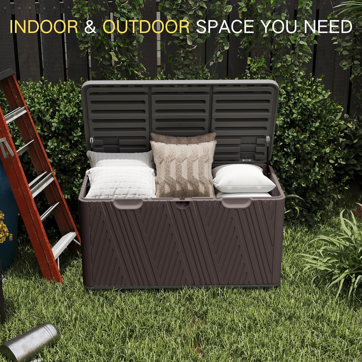 Kingdura 110 Gallon Outdoor Storage Box, Waterproof Resin Deck Box for Indoor and Outdoor Use, Lockable Storage Container for Patio Furniture Cushions Garden Tools (Coffee, 110 Gallon)-VerdiqueGarden