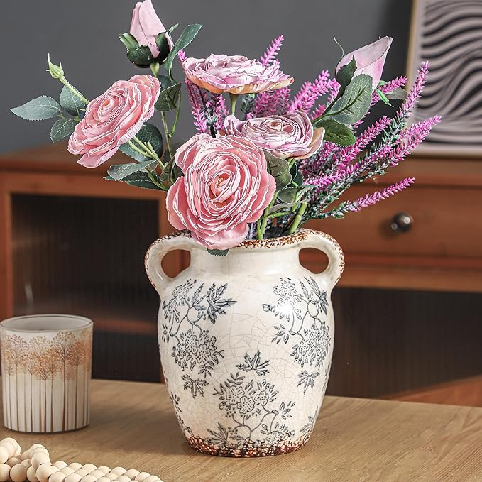 Enra Vintage vase with Handle,Blue and White Ceramic Decorative Flower vase, Chinoiserie Floral Vase,Large Rustic Vases for Home Decors, Living Room, Bookshelf, Office,7.8 in-VerdiqueGarden