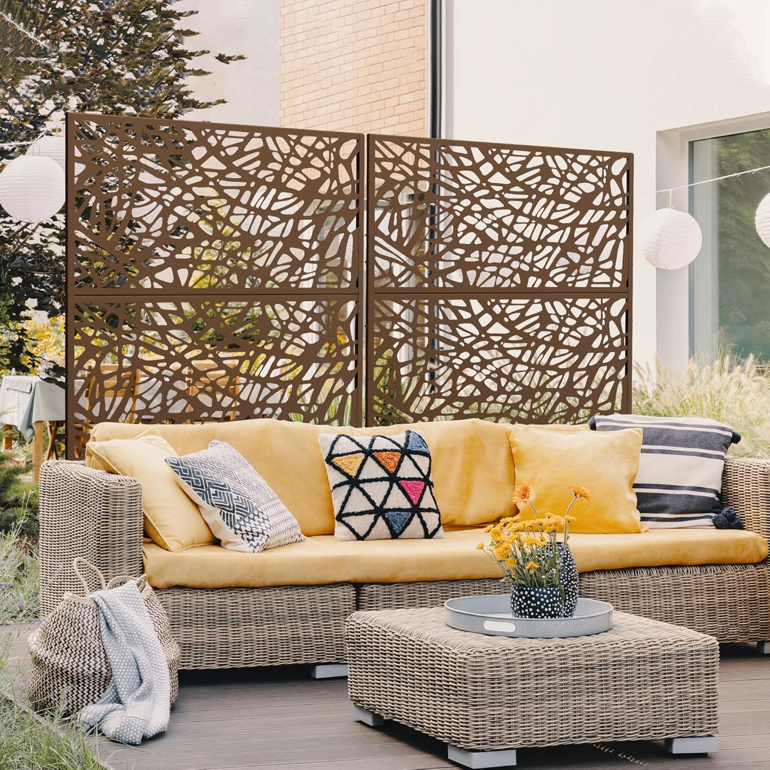 Metal Privacy Screen Outdoor 72" H×47" W,Freestanding Decorative Privacy Screen for Balcony Yard&Garden,Privacy Fence-Brown&Net-VerdiqueGarden