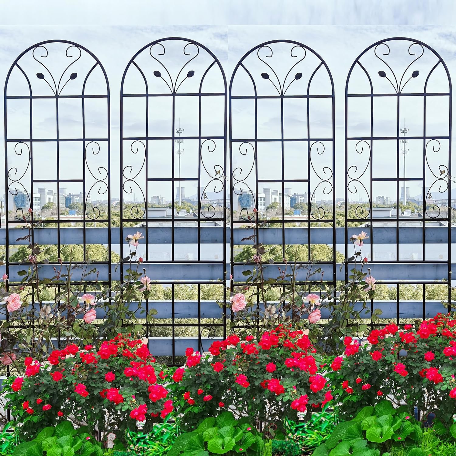 6 Pack Metal Garden Trellis 86.7" Tall Outdoor Climbing Plant Support for Roses, Flowers, Rustproof Durable Black Galvanized Tube, Lawn Garden Fence Decor Screen, 86.7" H-VerdiqueGarden