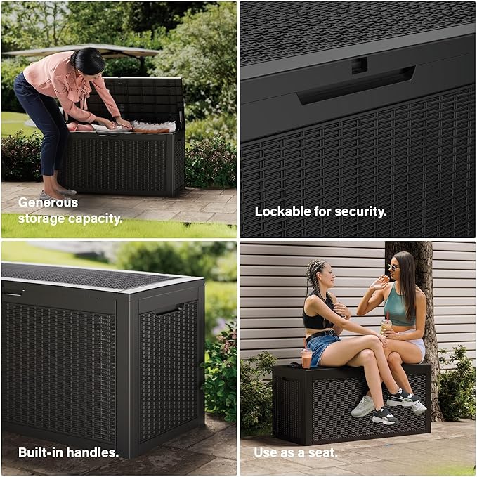 150 Gallon Outdoor Storage Box Patio Deck Box Waterproof, Resin Lockable Outside Large Storage Bin for Pool Cushion Furniture, Garden Tools UV-Resistant, Black-VerdiqueGarden
