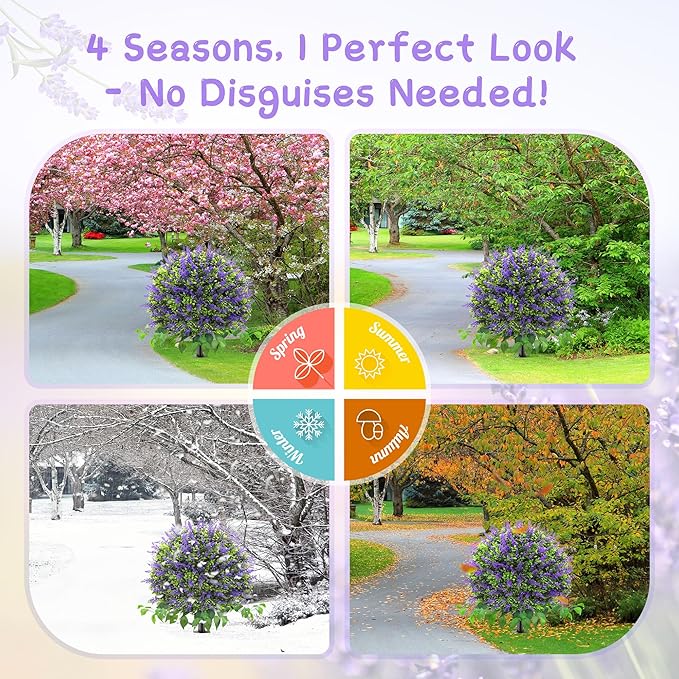 28" Artificial Boxwood Topiary Ball with Lavender, UV Resistant Topiary Tree Faux Boxwood Ball Shaped Porch Bushes with Ground Spike Artificial Bushes for Outdoors Front Door Decor Home Garden-VerdiqueGarden