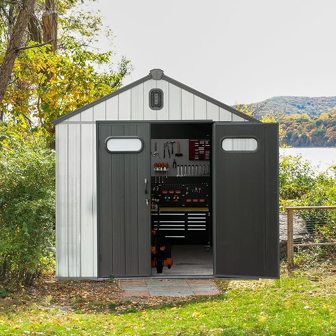 Domi 8x8 FT Outdoor Resin Storage Shed, All-Weather Double-Wall Storage Building for Backyard, Garden, Lawn Tools, Mower, Bike & Pool Equipment, Lockable Doors, Ventilated Roof, Grey-VerdiqueGarden
