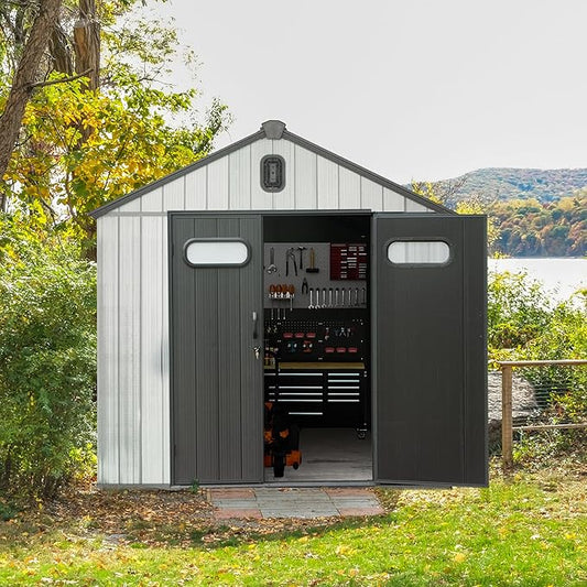 Domi 8x8 FT Outdoor Resin Storage Shed, All-Weather Double-Wall Storage Building for Backyard, Garden, Lawn Tools, Mower, Bike & Pool Equipment, Lockable Doors, Ventilated Roof, Grey-VerdiqueGarden
