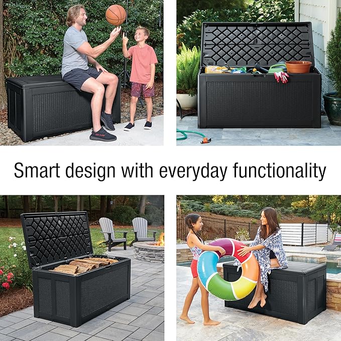 Rubbermaid Extra Large Resin Outdoor Storage Deck Box (134 Gal), Weather Resistant, Black, Deck Organization for Home/Backyard/Pool Chemicals/Toys/Garden Tools/Porch/Patio Cushions-VerdiqueGarden