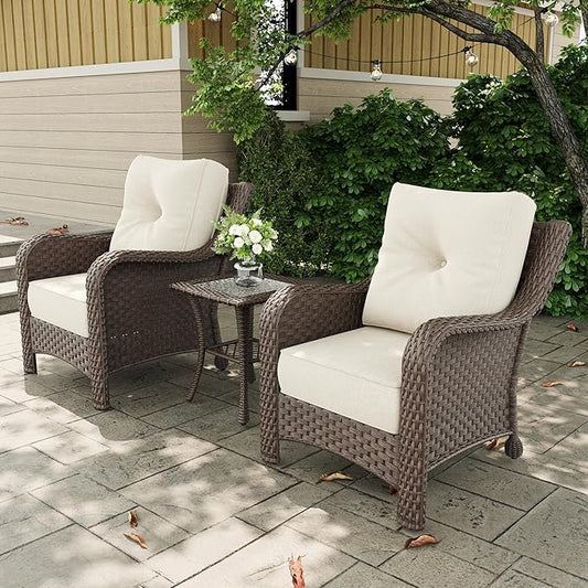 3 Pieces Outdoor Patio Furniture Sets with Single Chairs with 6-inch Thick Cushion and Side Table for Deck Lawn-VerdiqueGarden