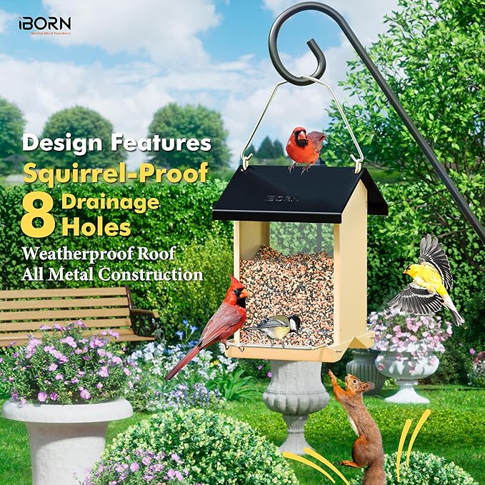 iBorn Bird Feeders for Outdoors,Bird House Feeder with Weatherproof Metal Roof & 8 Drain Holes,Fully Detachable Birdfeeder Design,Easy Clean & Refill,Chew-Proof PC Windows,1.5 Lbs Capacity,Black Roof-VerdiqueGarden