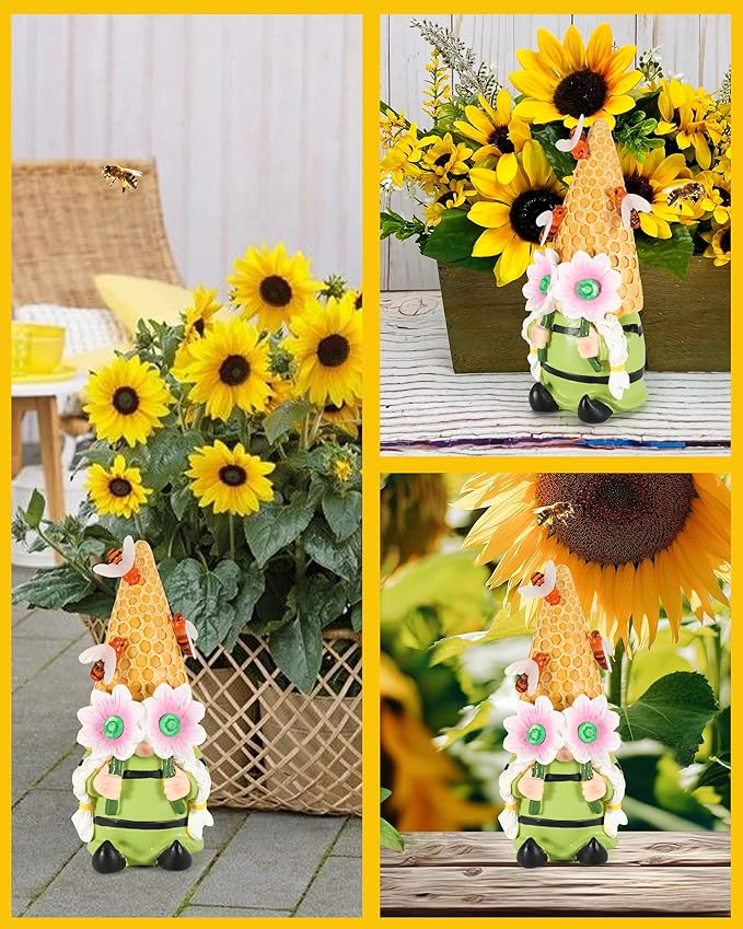 iStatue Solar Garden Gnome Figurine Light with Bees Sunflower, 9.5'' Resin Outdoor Statue for Yard Patio Decor Lawn Ornaments Porch Garden Gifts for Women/Girl (Ms Bee Gnome)-VerdiqueGarden
