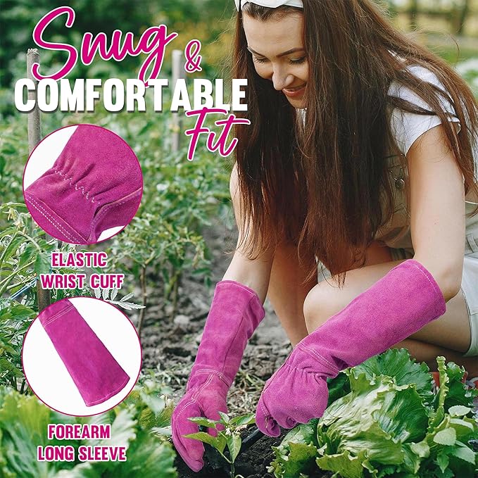 HANDLANDY Ladies Thorn Proof Gardening Gloves, Long Gauntlet Heavy Duty Garden Gloves, Elbow Length Women Leather Rose Pruning Glove (Large, Rosy)-VerdiqueGarden