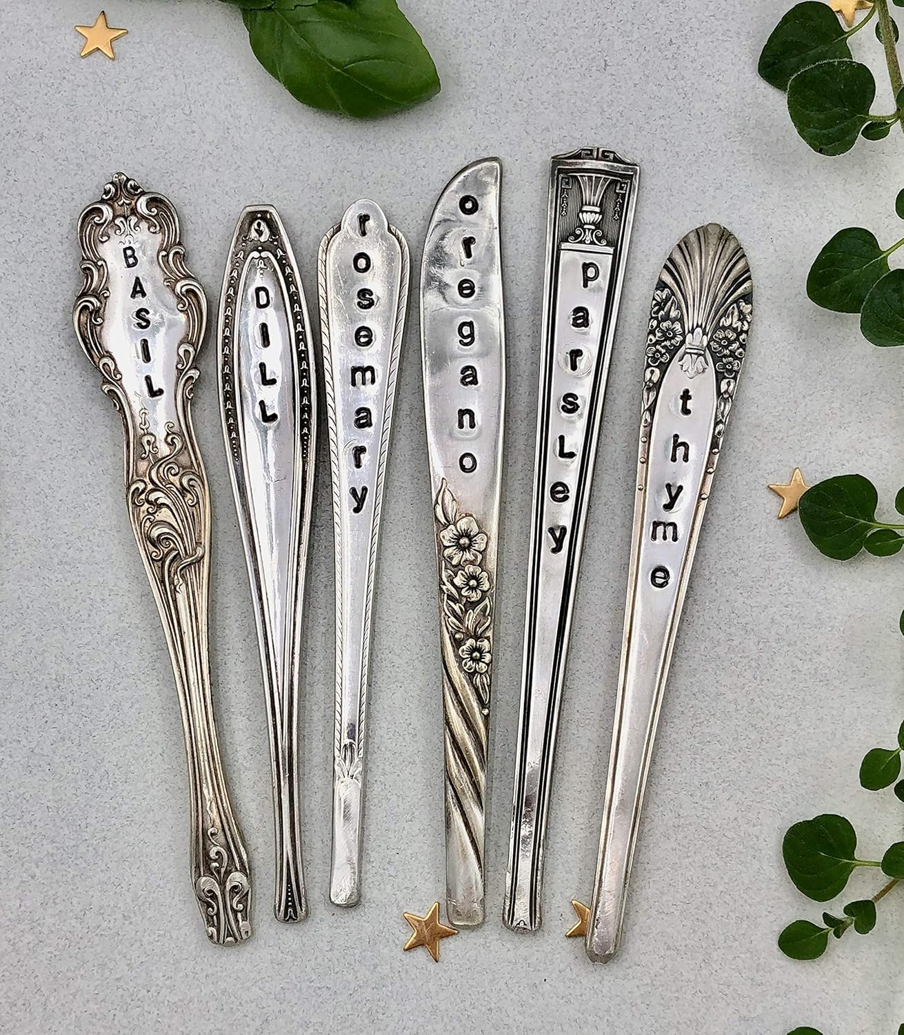 Herb Markers Set of 6 GARDEN stakes Made From Vintage Spoon Handles Oregano, Basil, Parsley, Rosemary, Thyme, Dill. Garden Markers Herb Labels-VerdiqueGarden
