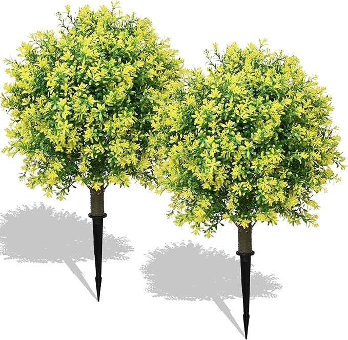 28" Artificial Boxwood Topiary Tree Yellow– UV Resistant Outdoor Faux Topiary Plant, Realistic Fake Topiary Bush for Porch, Patio, Front Door, Fake Evergreen Tree Home Decor-VerdiqueGarden