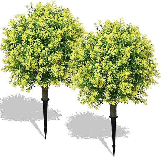 28" Artificial Boxwood Topiary Tree Yellow– UV Resistant Outdoor Faux Topiary Plant, Realistic Fake Topiary Bush for Porch, Patio, Front Door, Fake Evergreen Tree Home Decor-VerdiqueGarden