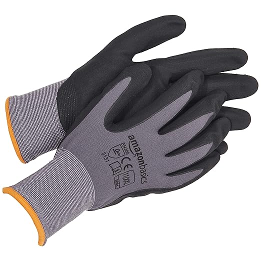 Amazon Basics Micro-Foam Nitrile Coated Work Gloves, Nylon Liner Fiber, Touch Screen, Grey, 11/XXL, 12-Pair-VerdiqueGarden