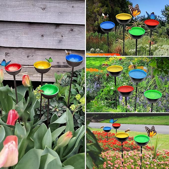 HLMOptimo 2 Packs/4 Packs Bee Watering Stations, Bee Cups for Garden, Bee Butterfly Water Station Bee Waterer, Metal Garden Stakes for Outdoor Garden Courtyard Decor (Yellow Blue Red and Green)-VerdiqueGarden
