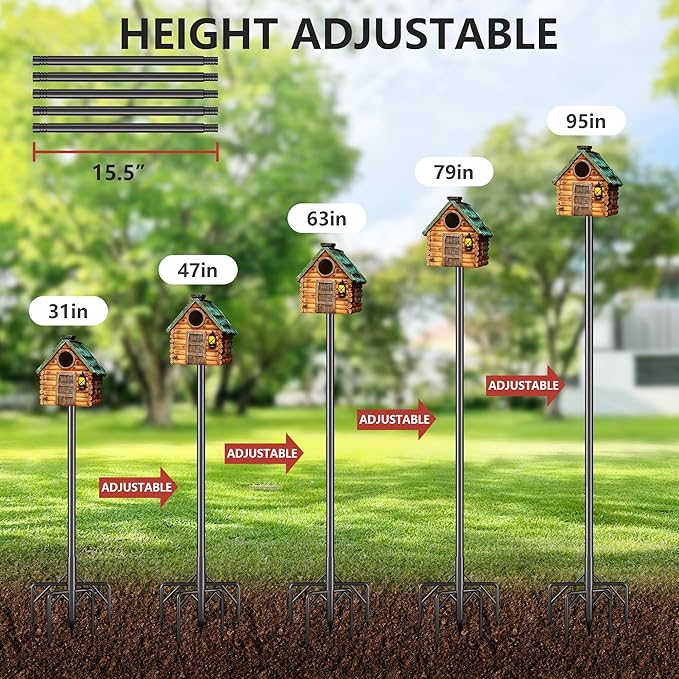 Bird Feeder Pole Stand,95 Inch Bird House Pole for Outdoors Heavy Duty,5 Base Prongs Adjustable Birds Feeder Stand for House-VerdiqueGarden