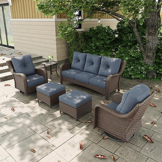 6 Pieces Outdoor Patio Furniture Sets with Rocking Swivel Chairs with 6-inch Thick Cushion and Side Table for Deck Lawn-VerdiqueGarden