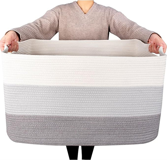 MINTWOOD Design 22in Extra Large Blanket Basket Holder Living Room, Rectangle Rope Woven Storage Basket with Handles for Laundry, Pool Towels, and Shoes, Dog Toy Organizer Bin Box, 3-Tone Light Gray-VerdiqueGarden