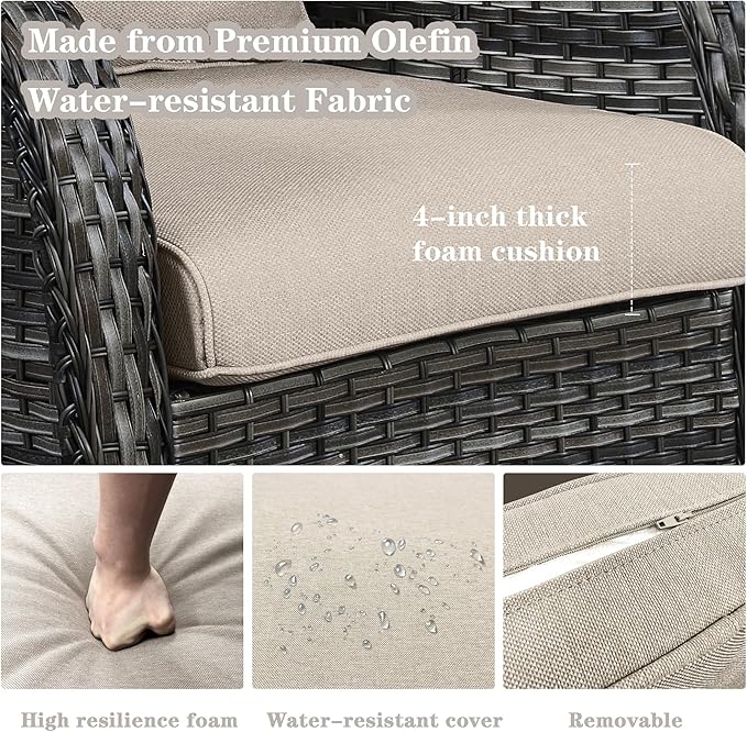 Wicker Outdoor Furniture Patio Furniture Set - 6 Piece Patio Conversation Set with Swivel Rocker Chairs, Rattan Sofa, Ottomans and Coffee Table, Beige Cushion-VerdiqueGarden