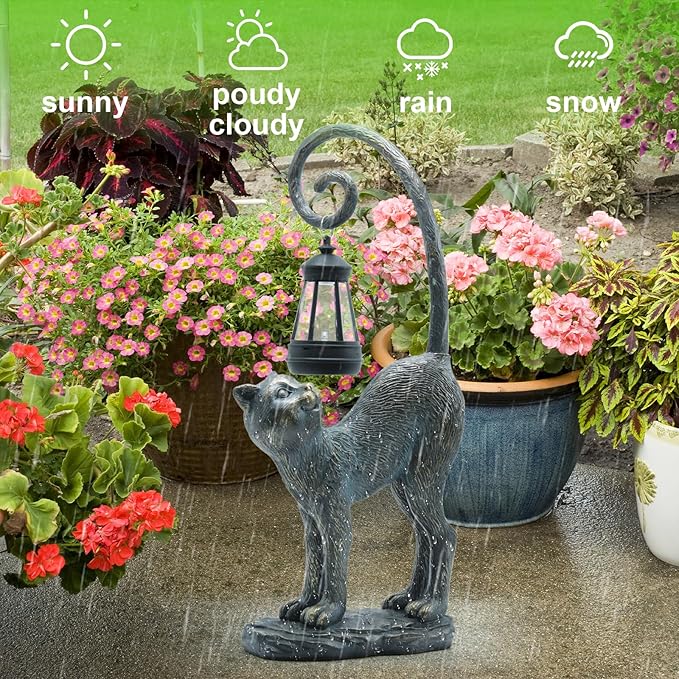 Resin Cat Statue with Solar Lantern, Eye-catching Garden Sculpture Decor，15.3" Height Outdoor Figurine for Garden Yard Patio Decorations，Birthday Gifts-VerdiqueGarden
