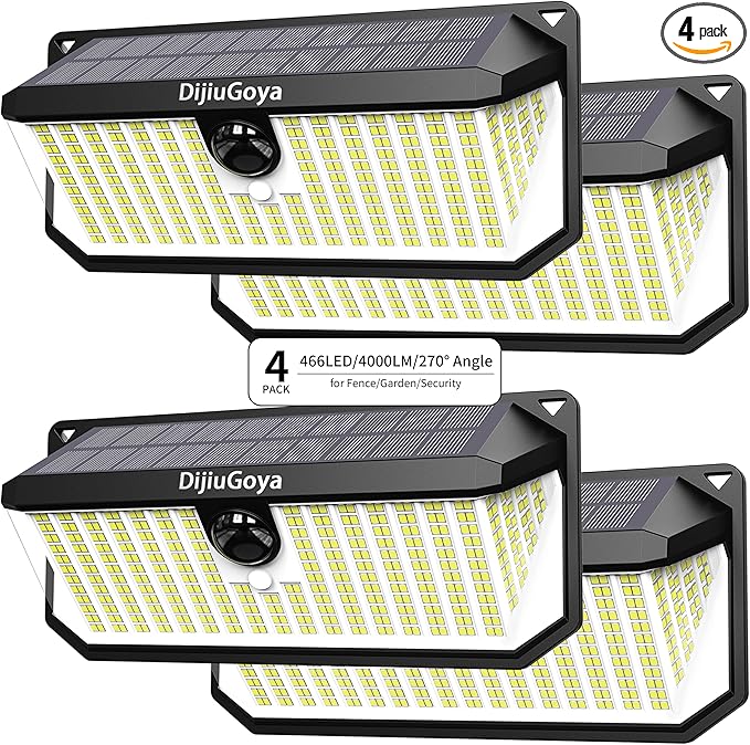 Solar Security Lights, 466 LED 4000 Lm - 270° Motion Sensor, IP68 Waterproof, 3 Lighting Modes, Dusk-to-Dawn Outdoor Flood Light for Fence Garden Backyard Garage - Pack of 4-VerdiqueGarden