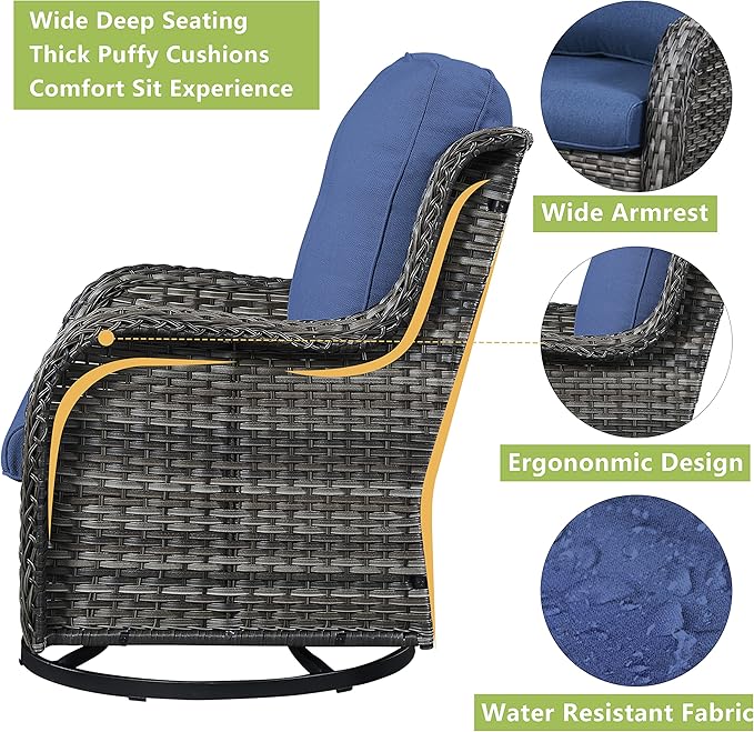Outdoor Patio Swivel Rocker Chairs - Single Wicker Rattan Patio Swivel Rocking Chair with High Back,Deep Seating and Comfort Cushions for Deck Porch Garden,Mixed Grey/Blue-VerdiqueGarden