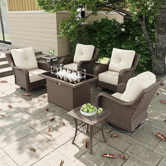 7 Pieces Outdoor Patio Furniture Sets with Rocking Swivel Chairs with 6-inch Thick Cushion and Fire Pit Table for Deck Lawn-VerdiqueGarden