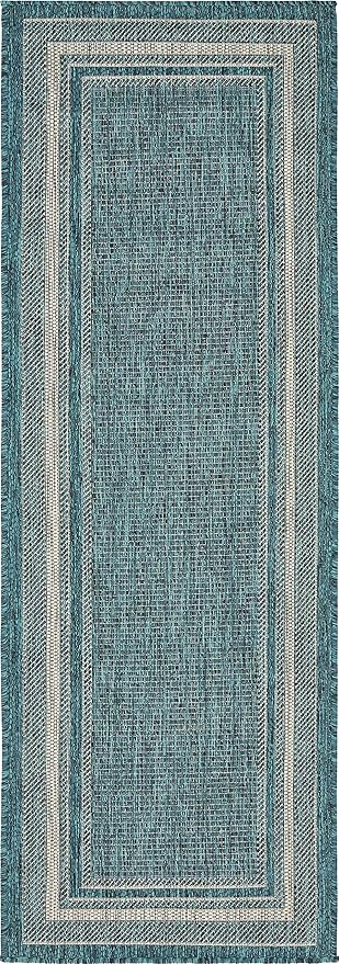 Unique Loom Outdoor Border Collection Area Rug - Soft Border (2'x 6' 1" Runner, Teal/ Ivory)-VerdiqueGarden