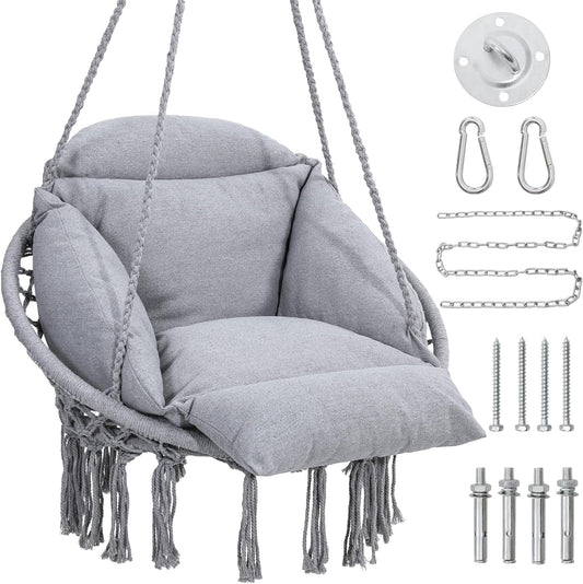 Macrame Hammock Hanging Swinging Chair with Oversized Cushion, Perfect for Bedroom, Porch, Kids, Adults, Balcony, Grey-VerdiqueGarden