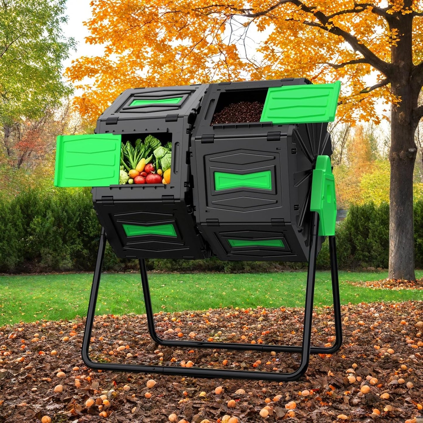 Compost Tumbler, 45 Gallon / 170L Dual Chamber Compost Bin Outdoor, 360° Rotating Composter Tumbler, BPA-Free Fast-Working All-Season Heavy-Duty Large Capacity Compost Bin Kitchen Garden Yard Waste-VerdiqueGarden