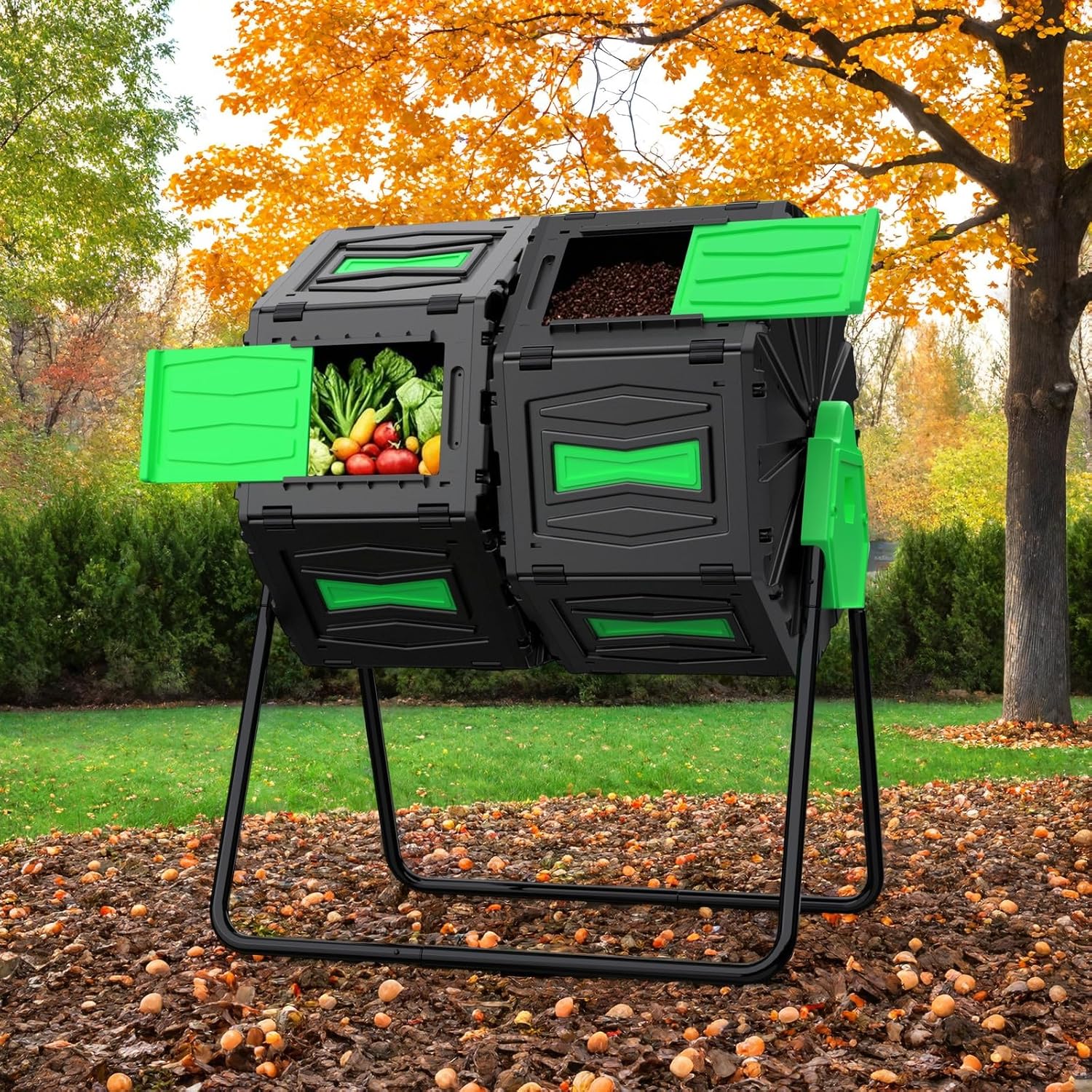 Compost Tumbler, 45 Gallon / 170L Dual Chamber Compost Bin Outdoor, 360° Rotating Composter Tumbler, BPA-Free Fast-Working All-Season Heavy-Duty Large Capacity Compost Bin Kitchen Garden Yard Waste-VerdiqueGarden