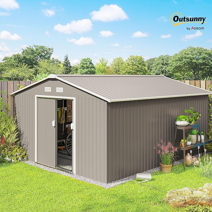 Outsunny 11' x 13' Outdoor Storage Shed, Garden Tool Metal Shed with Foundation Kit, Double Lockable Door, Air Vents and Sloping Roof, for Backyard, Patio, Lawn, Light Gray-VerdiqueGarden