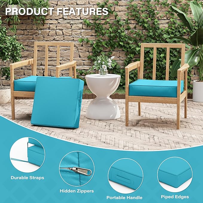 Patio Chair Cushions 19 X 19 X 4 Inch Waterproof Outdoor Seat Cushions for Patio Furniture, Outdoor Sofa Couch Pads with Ties & Handle, Set of 2, Lake Blue-VerdiqueGarden
