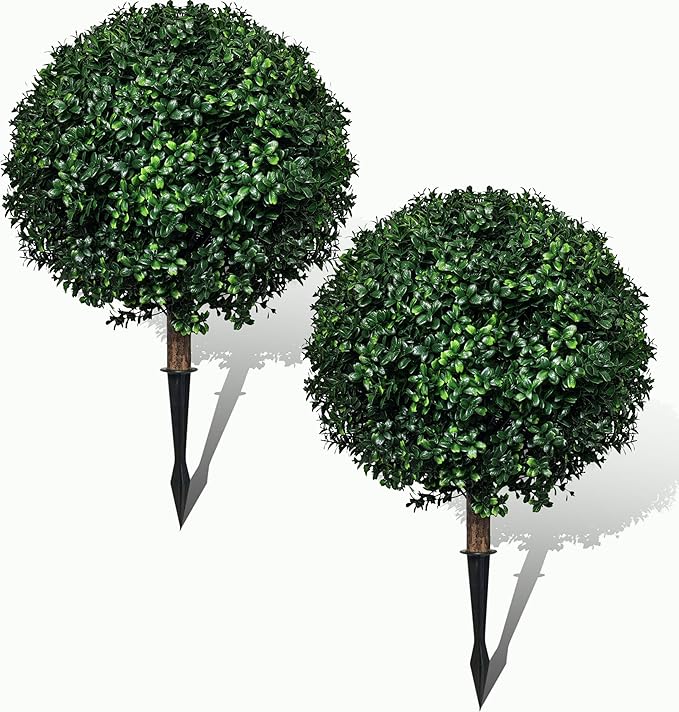 Artificial Boxwood Topiary Ball Tree Outdoor Set of 2,Artificial Boxwood Plants with Ground Spike,Faux Shrubs Fake Evergreen Tree UV Resistant,Diameter 17"-VerdiqueGarden