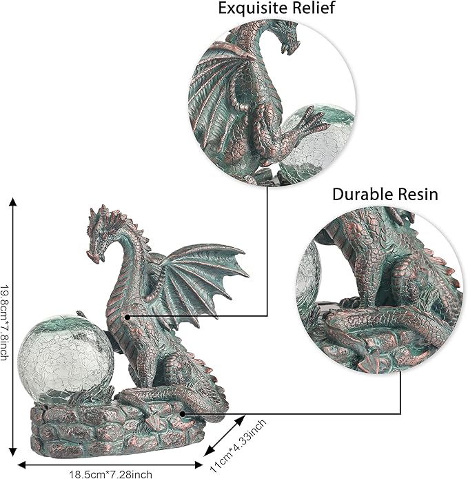 TERESA'S COLLECTIONS Garden Sculptures & Statues, Solar Dragon Outdoor Statues Figurines, Resin Bronze Gothic Garden Decor Lawn Ornaments Patio Yard Decorations Gifts for Mom Women, 8"-VerdiqueGarden