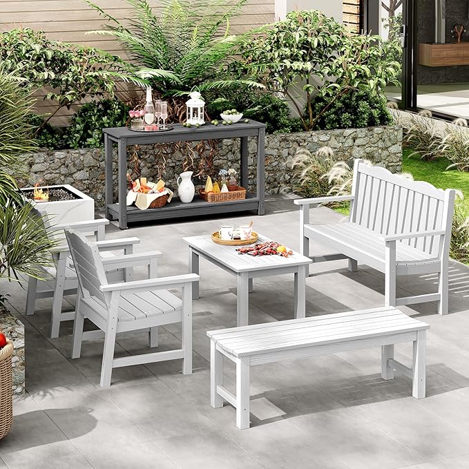 Outdoor Console Table, 48" Weather Resistant HIPS Patio Side Table, 440LBS Weight Capacity, 2-Tier Multifunctional Buffet Bar Storage Organizer for Garden Deck, Gray-VerdiqueGarden