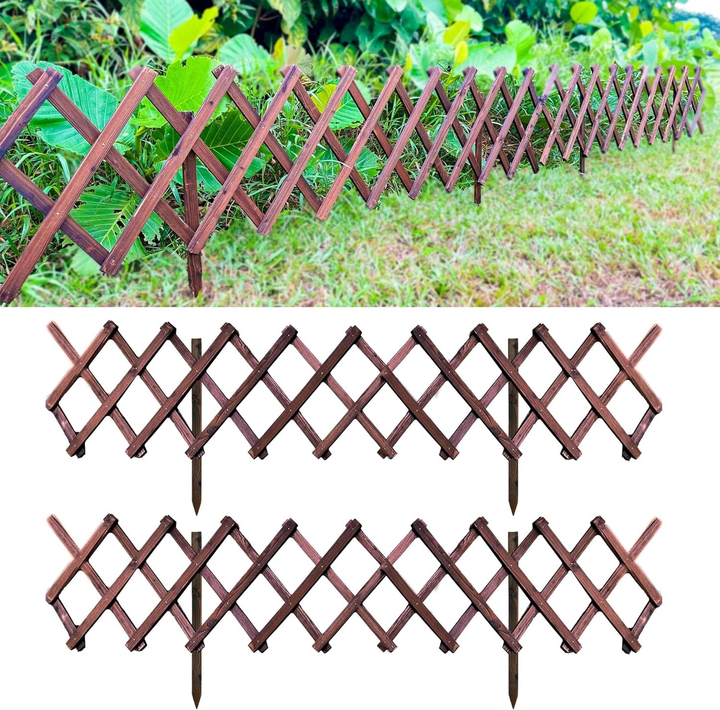 ShopLaLa Garden Fence- 2 Pack, Total 12ft (L) Wooden Lattice Flower Edging for Yard Lawn Landscape Patio Outdoor Decor, Expandable Plant Garden Trellis, Animal Barrier Fence No Dig Panel for Small Dog-VerdiqueGarden