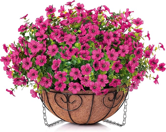 Artificial Fake Hanging Plants Flowers Basket for Outdoor Outside Porch Summer Decoration, Faux Silk Hotpink Dasiy UV Resistant Realistic in Planter for Home Patio Garden Yard-VerdiqueGarden